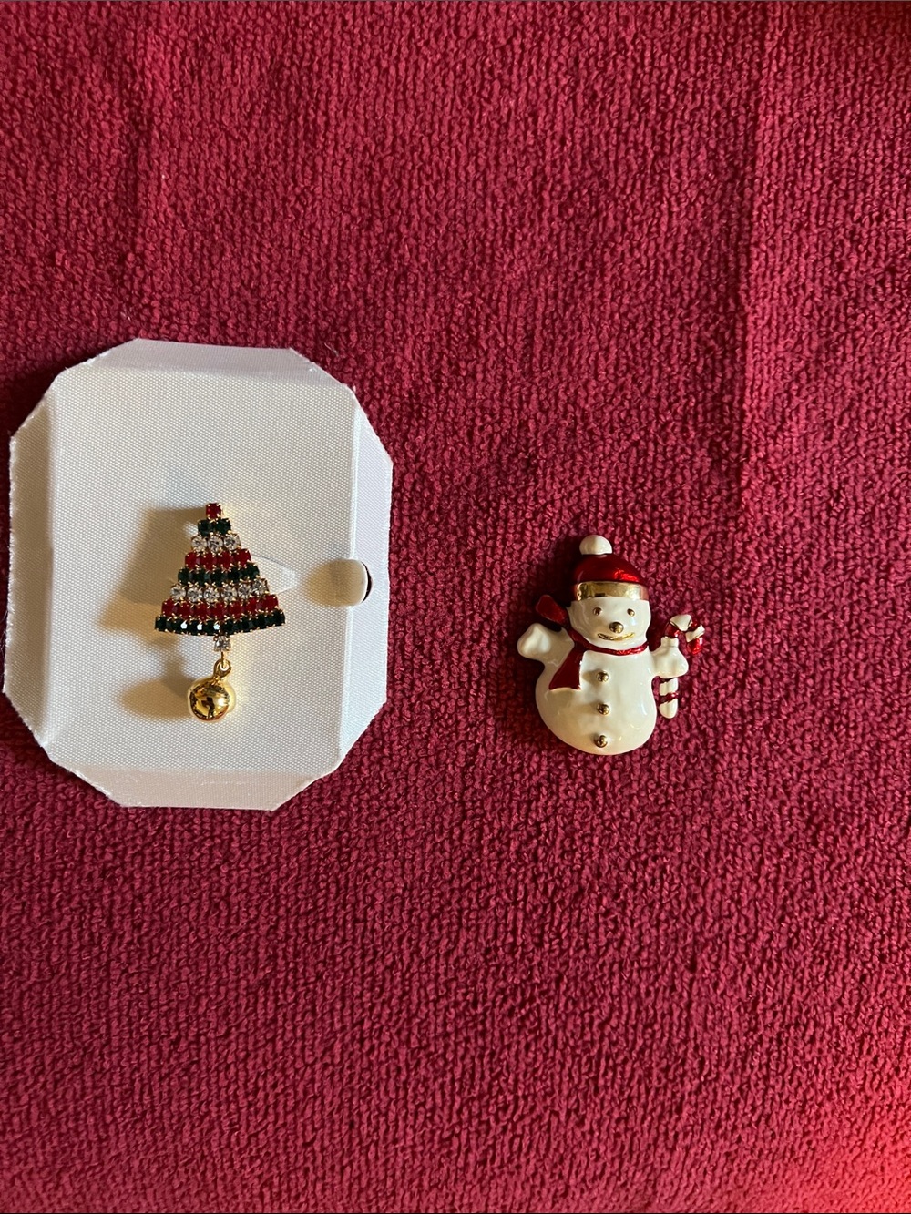 Festive Red and White Holiday Brooch Set - Snowman & Tree
